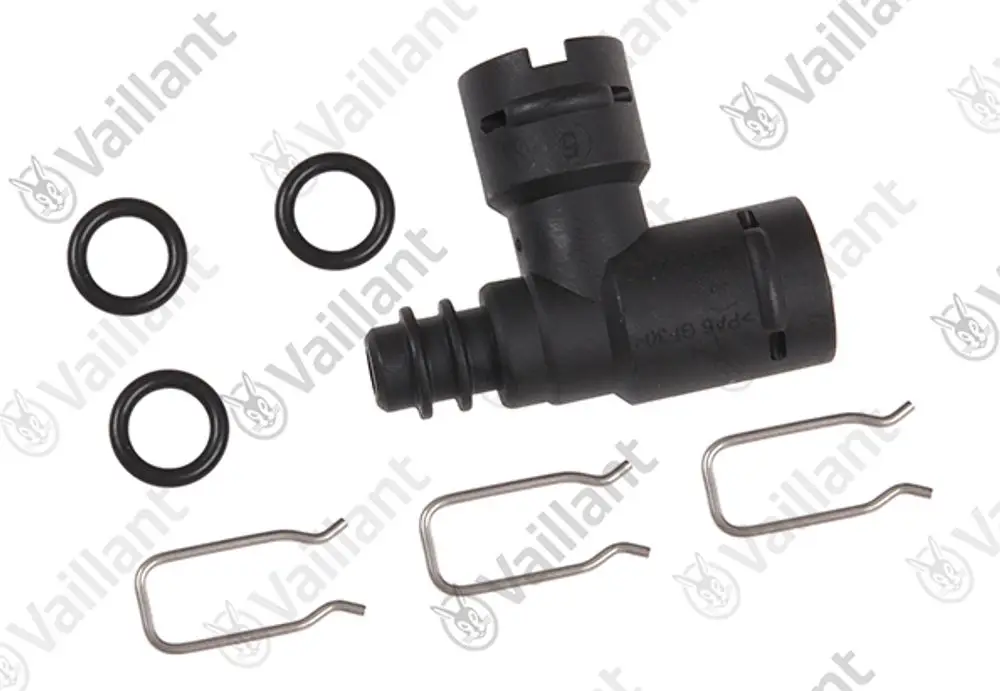 Vaillant Adapter aus schwarzem Kunststoff mit O-Ringen und Metallclips, geeignet für Rohrverbindungen in Heizsystemen.